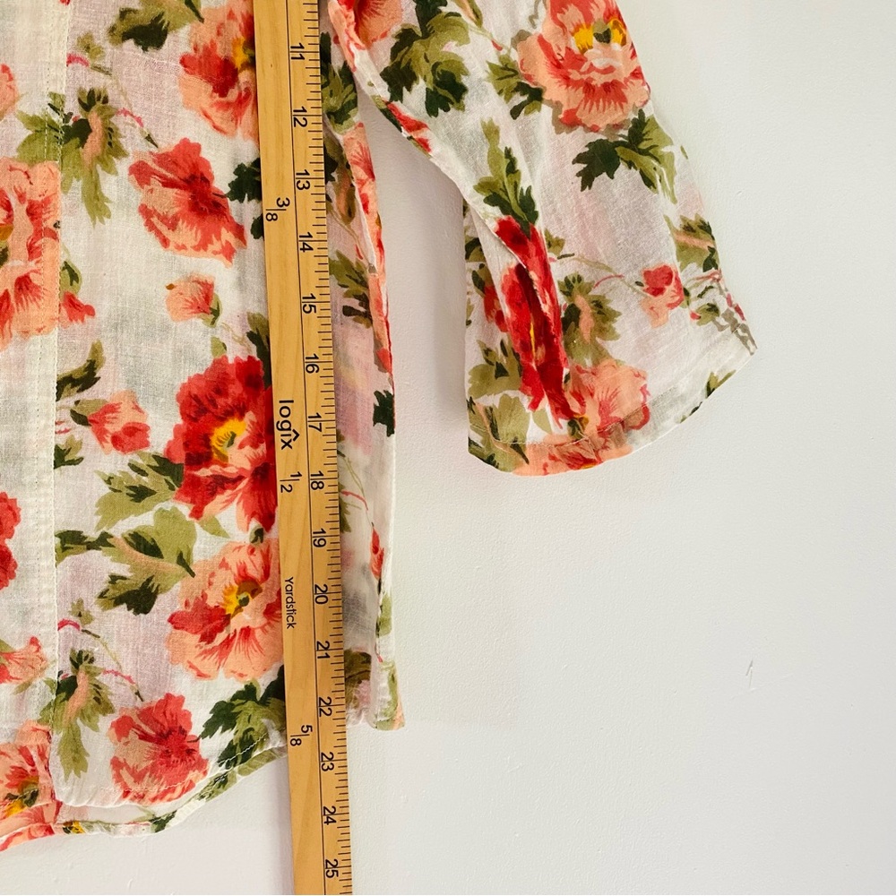 Love Potion Floral Lightweight Button-Up Blouse Fall Vibrant Coral Green Pintuck - Picture 7 of 8